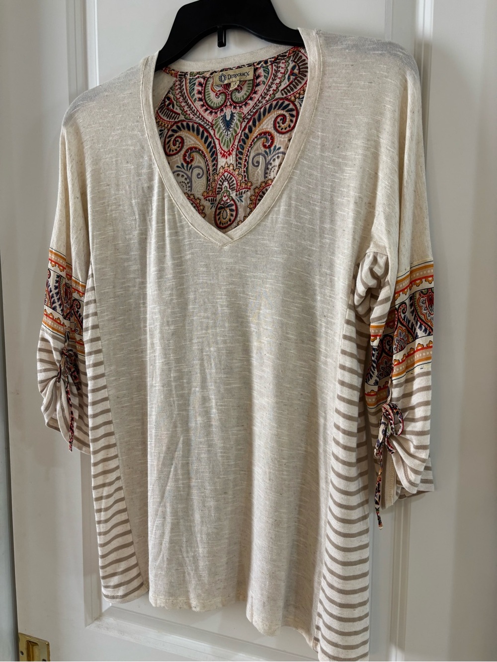 Democracy Cream Mixed-Print V-Neck Blouse with Paisley Accents